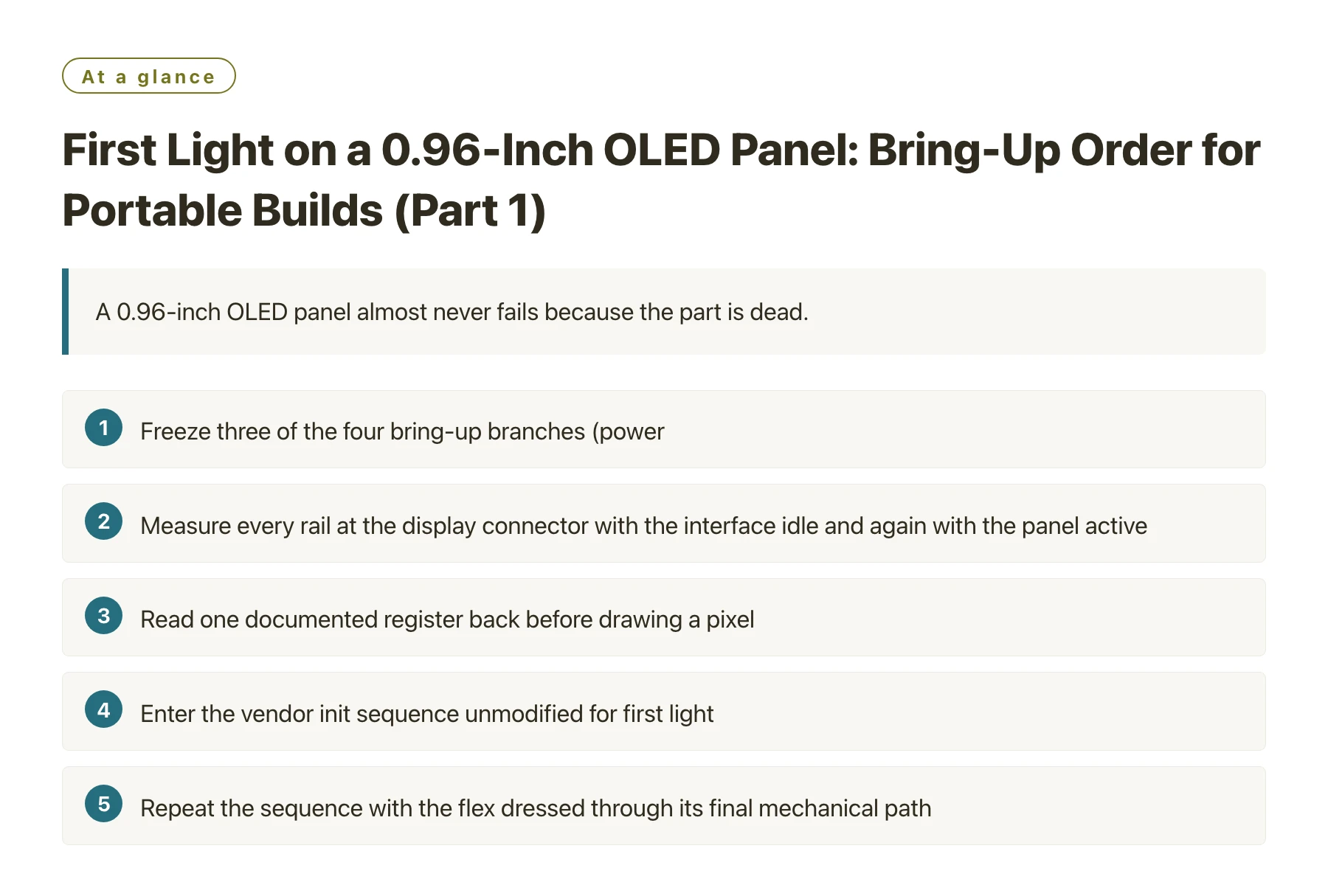 First Light on a 0.96-Inch OLED Panel: Bring-Up Order for Portable Builds (Part 1)——全文要点速览